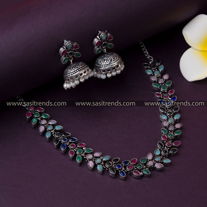  Multi-Colored Stone Necklace & Pearl Jhumkas - Perfect for Parties, Weddings - Trendy Oxidized Silver Jewelry