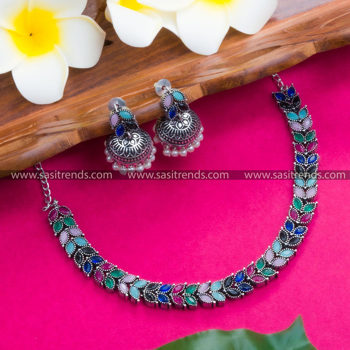 Vibrant Oxidised German Silver Leaf Necklace & Jhumkas - Multi-Colored Stones, Perfect for Parties