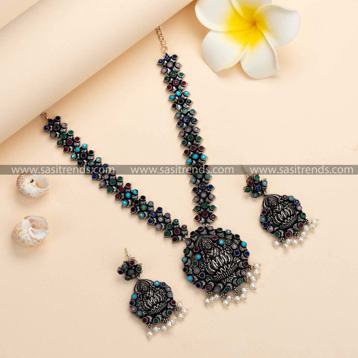 Versatile Lakshmi Oxidised Necklace with Multi-colored Stones - Perfect for Various Outfits and Events