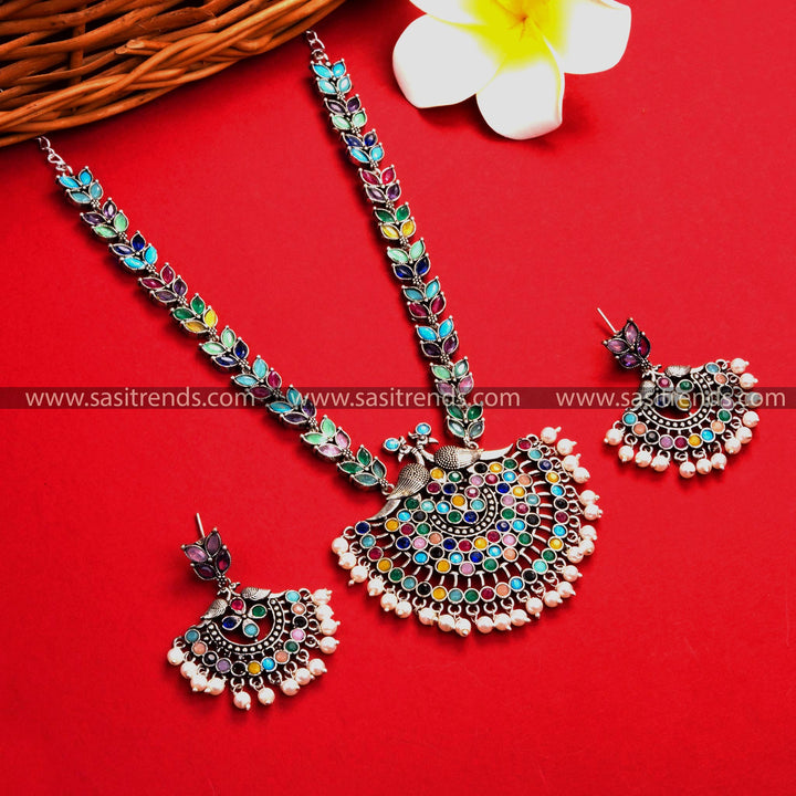 Stunning Oxidised German Silver Necklace with Multicolored Stones and Floral-Peacock Pendant - Festive Look