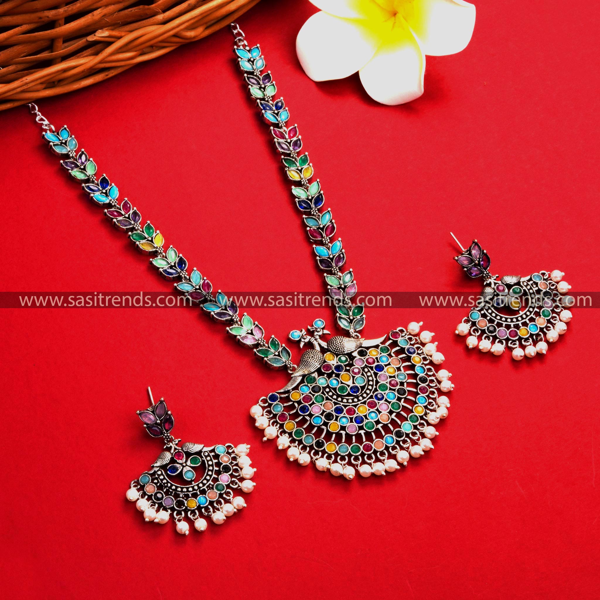 Marvelous Side Peacock Oxidised German Silver Necklace Set - South