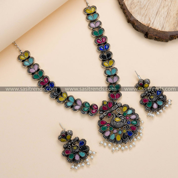 Trendy Party Wear Peacock Oxidised German Silver Necklace Set with Pearls & Earrings, Multi-Colored Stone Ensemble