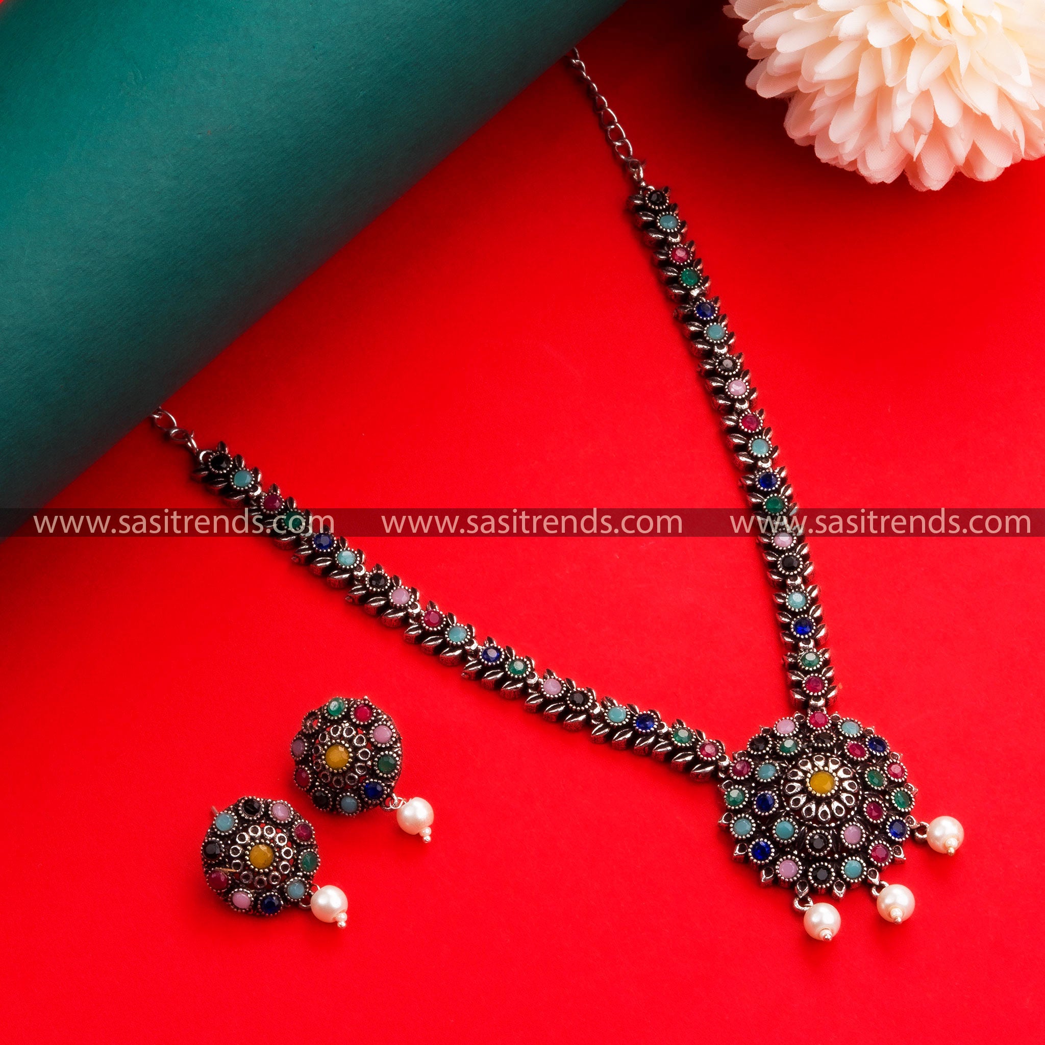 Navrathri Special Oxidised German Silver Floral Pendant Necklace with Earrings & Pearls for Women - Sasitrends