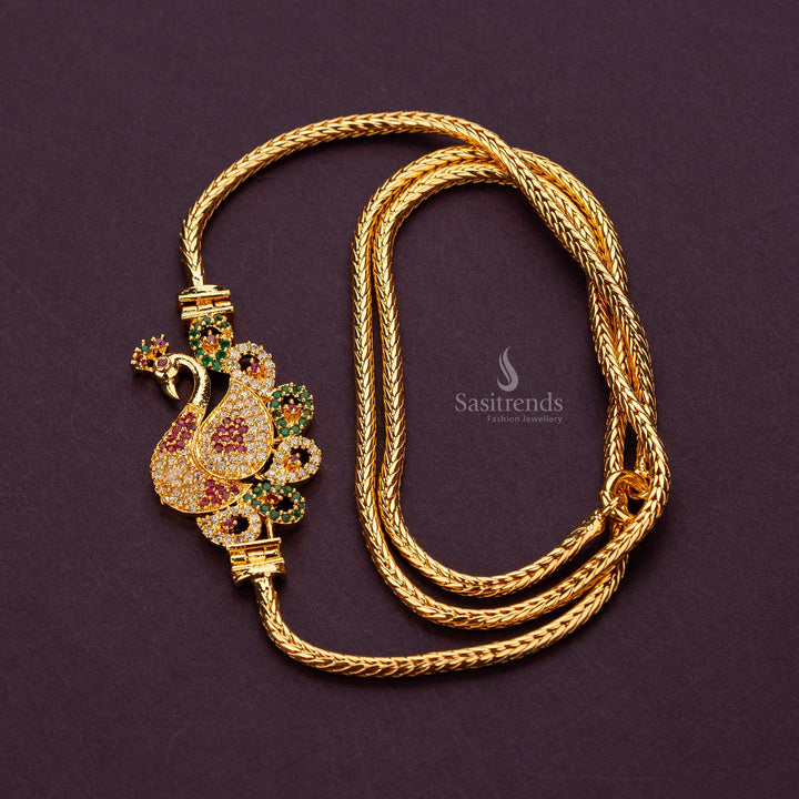 Multi-color AD stone studded peacock mugappu chain in a micro gold plated finish, guaranteed to shine -Sasitrends