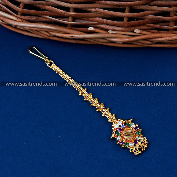 Classic Gold Plated Maang Tikka with Lustrous Multi Stone & AD Stones