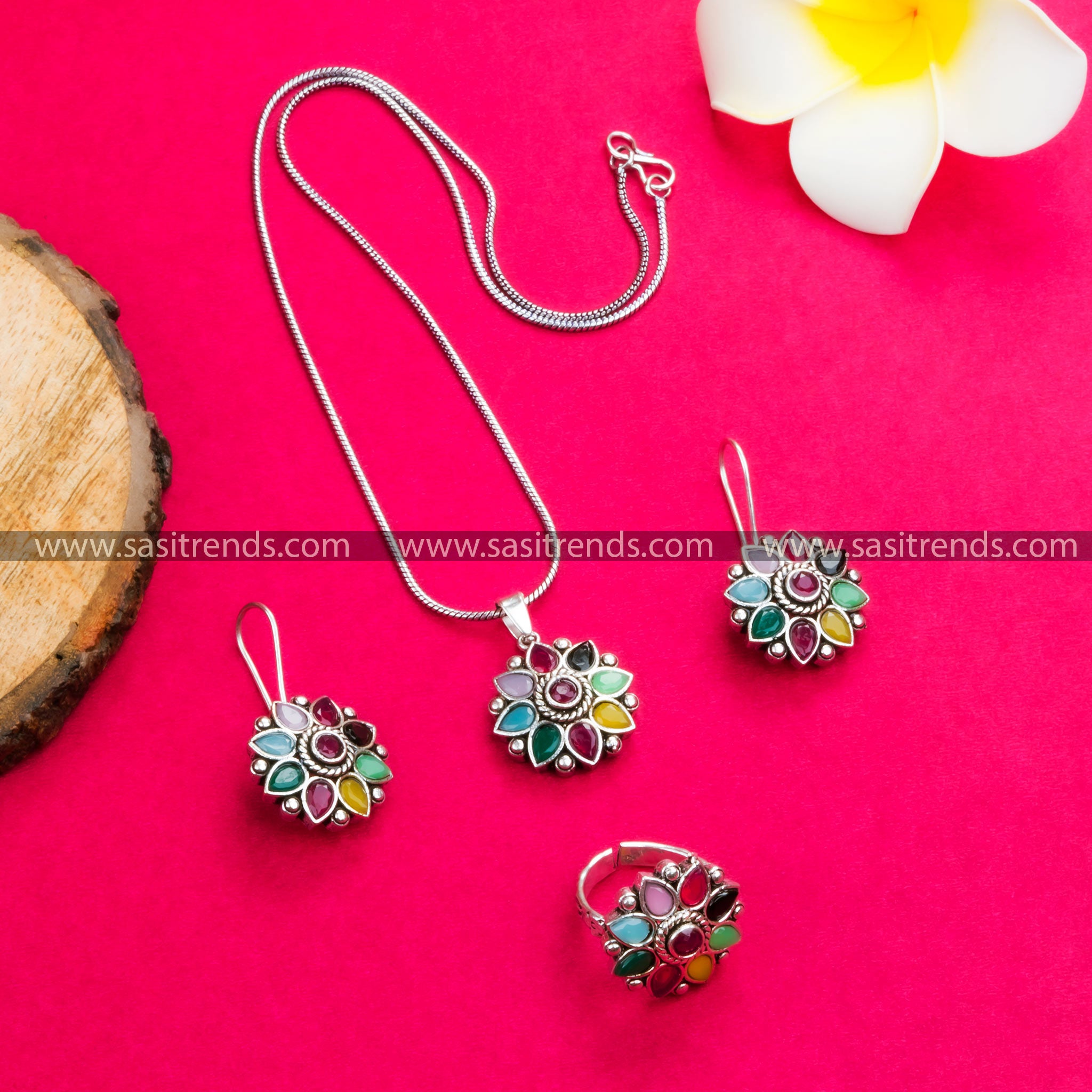 Vibrant Multi-Colored Stone Flower Pendant Necklace Set - Oxidized German Silver, Perfect for Parties