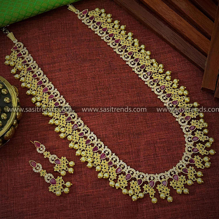 Trendy Long Haram Party Wear Jewellery Set | Micro Gold Plated Floral American Diamond Jewellery for Women | Sasitrends