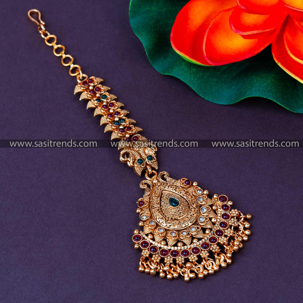 Matte Gold Plated Maang Tikka with Multi Color Stones & Bead Drops