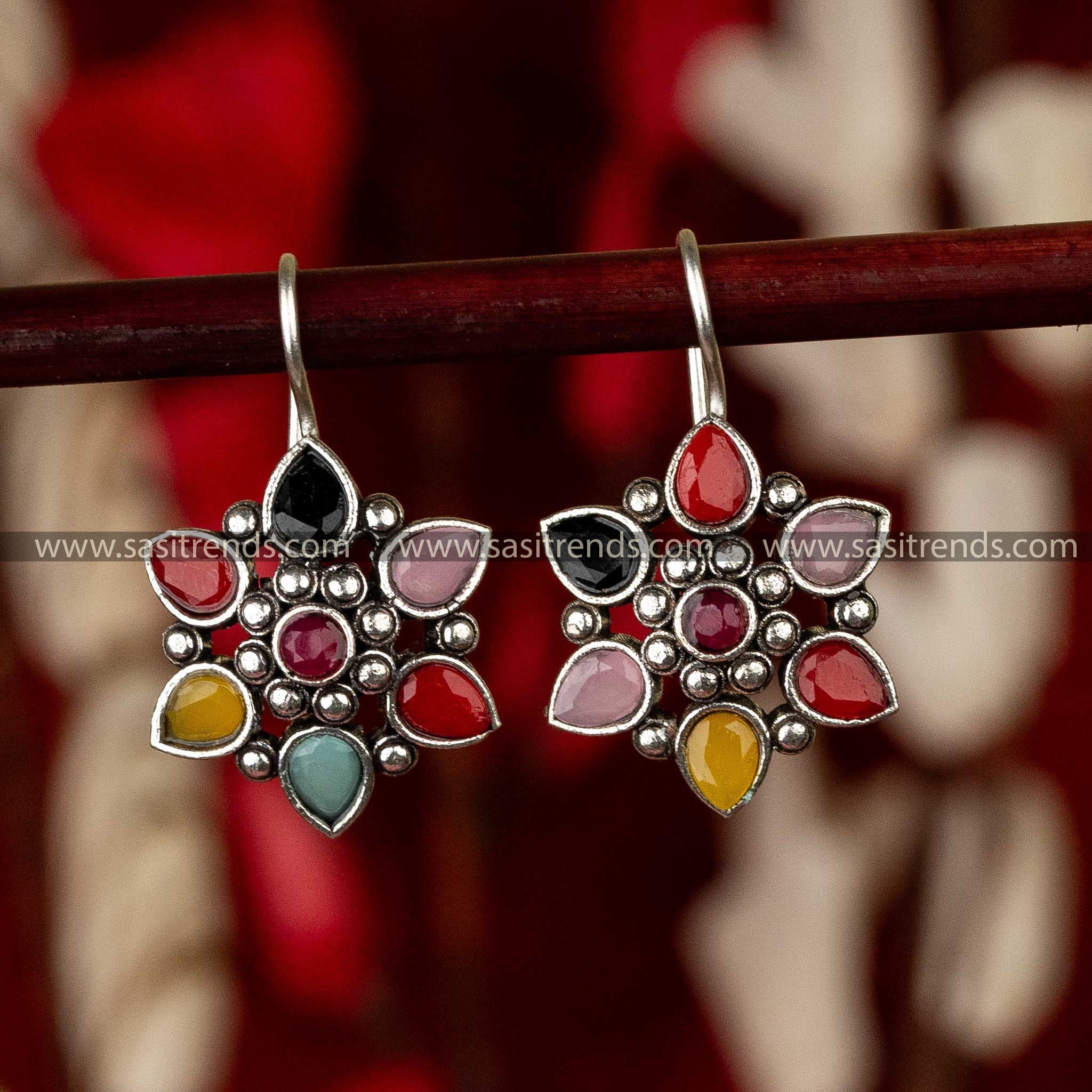 Multi Stone Stud Latest Oxidised Silver Earrings Sasitrends Online Shopping