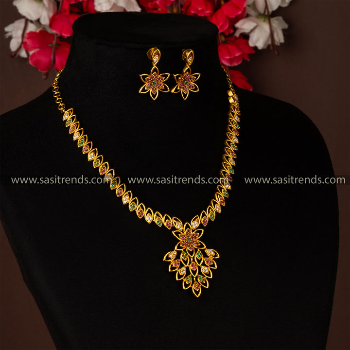 Traditional Temple Wear Matt Gold Plated Multi Jewellery Set