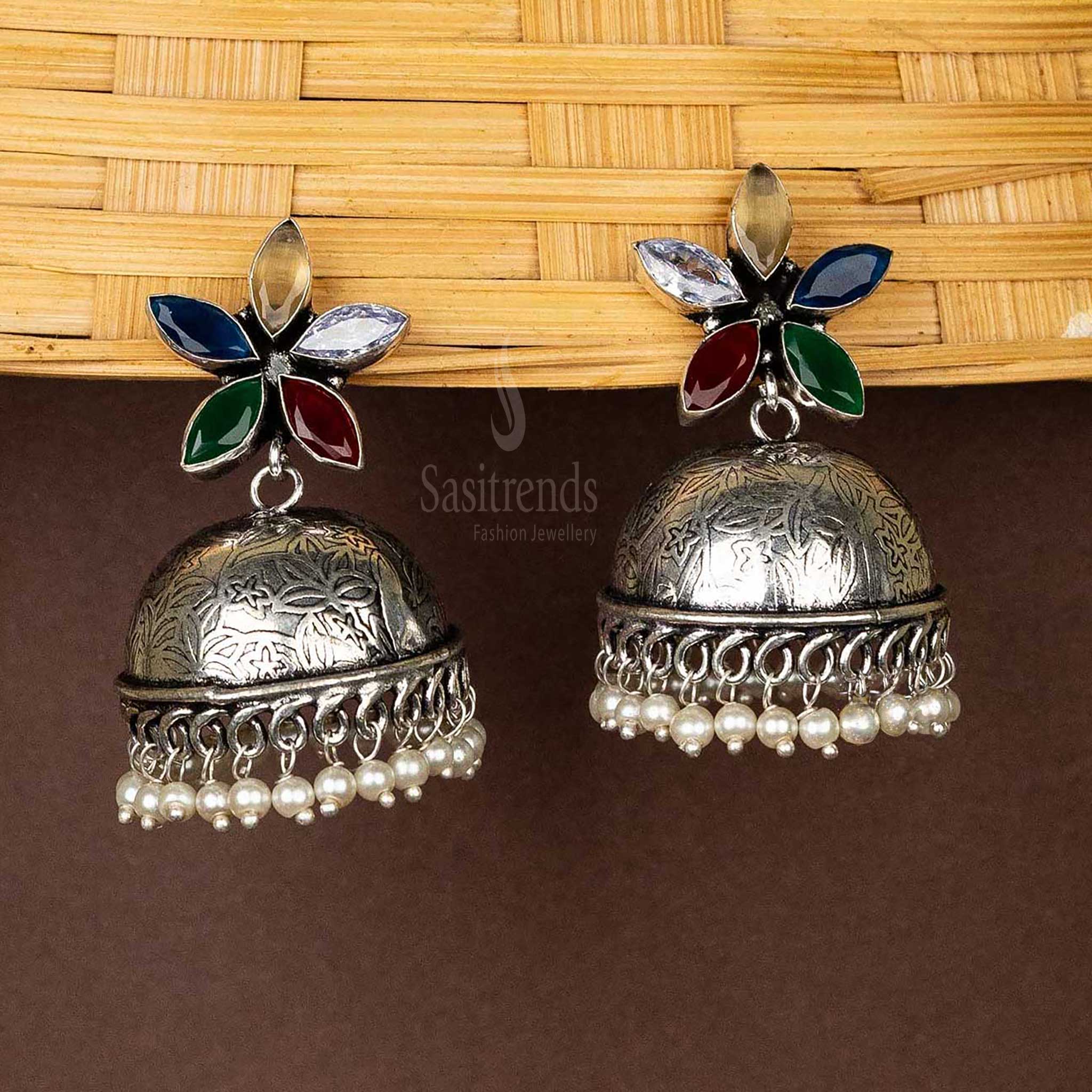 Multicolor-floral-top-jhumka-earrings-with-pearl-hanging