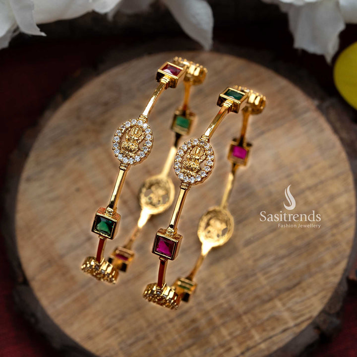 Traditional Lakshmi Bangle Pair with Micro Gold Plating and AD Stones - Sasitrends