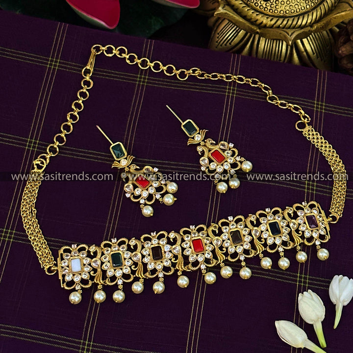 Exquisite Temple Gold Plated Peacock Choker Necklace with Multi-Colored Stones and Earrings