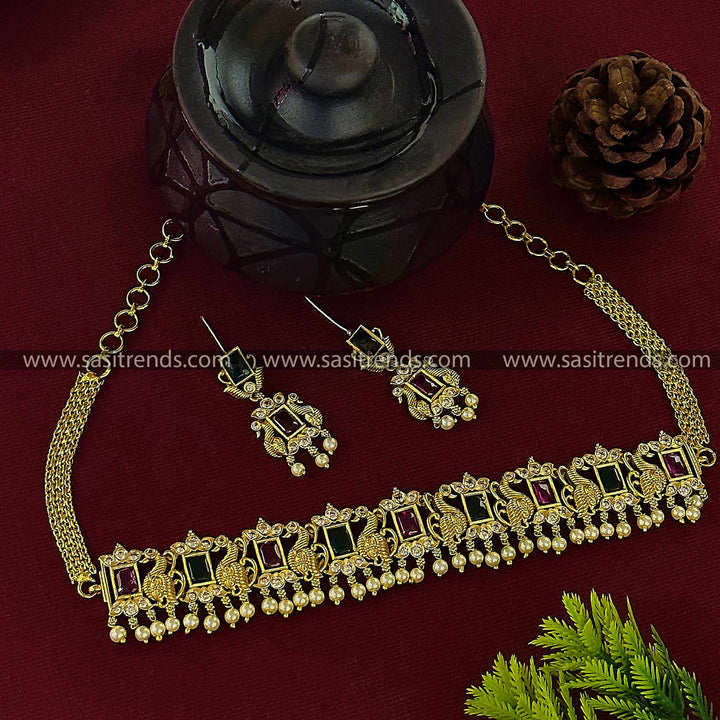 Gorgeous Traditional Temple Matte Gold Plated Peacock Choker Jewellery Set with Pearl and AD Stones for Women | Sasitrends