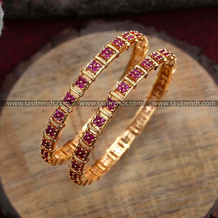 Latest Ruby Floral Motif Brass Bangle Pair | Micro Gold Plated | AD Stones