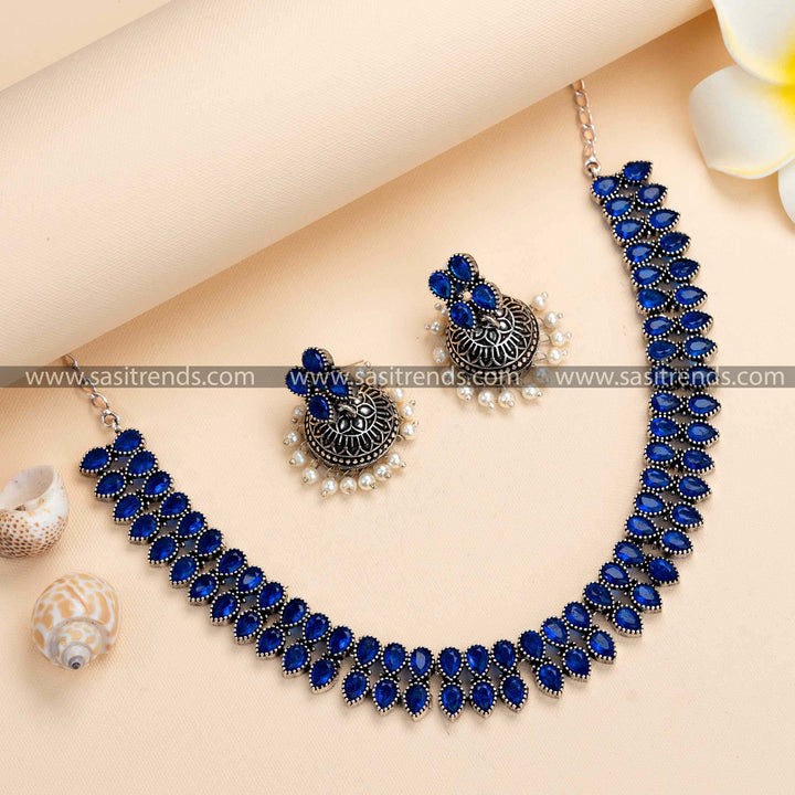 Timeless Oxidised German Silver Necklace & Pearl Jhumkas with Blue Stone Accents - Classic Party Wear