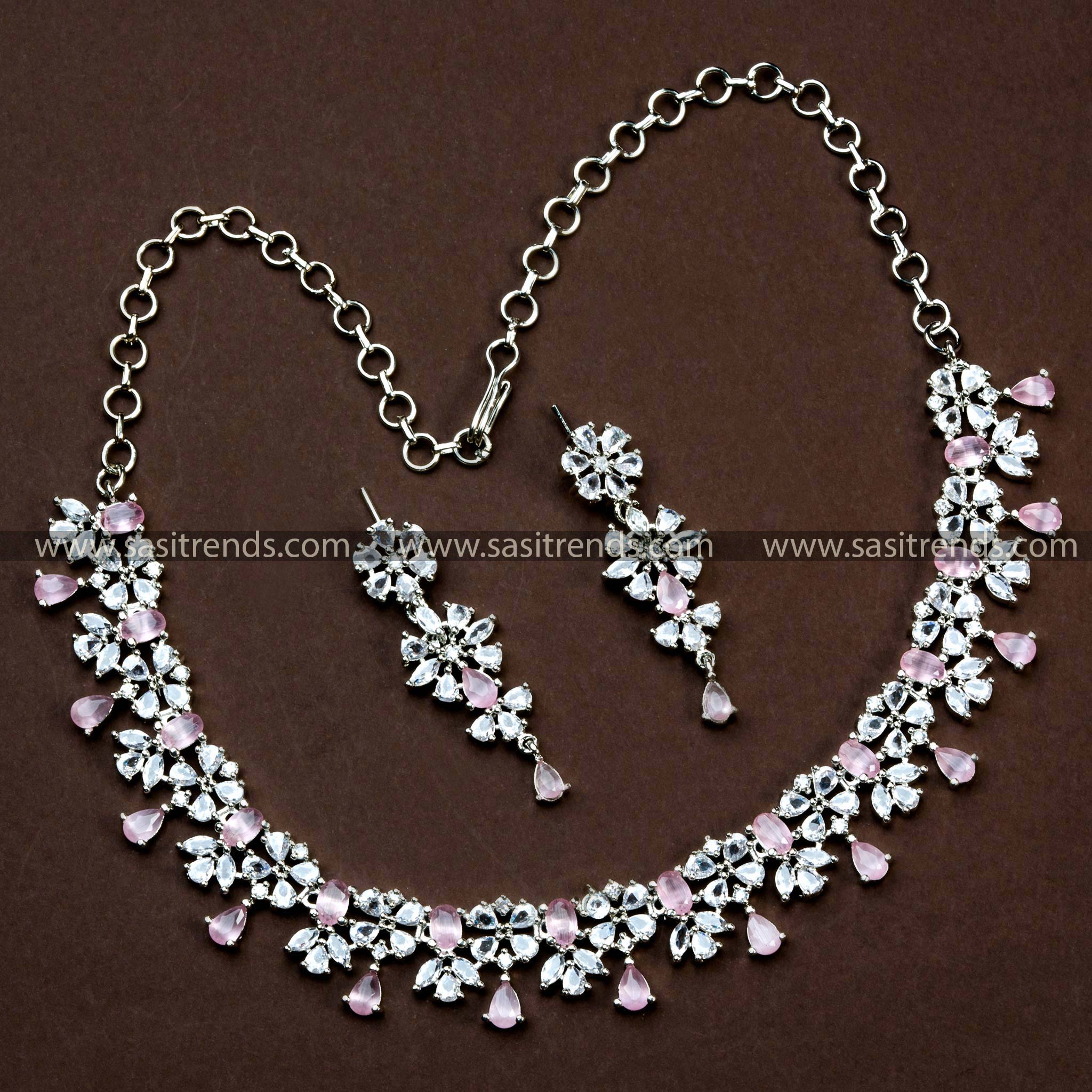 Charming Party Wear Jewelry Set with Pink Stones, New Trendy Rhodium Silver Plated AD Necklace and Earrings