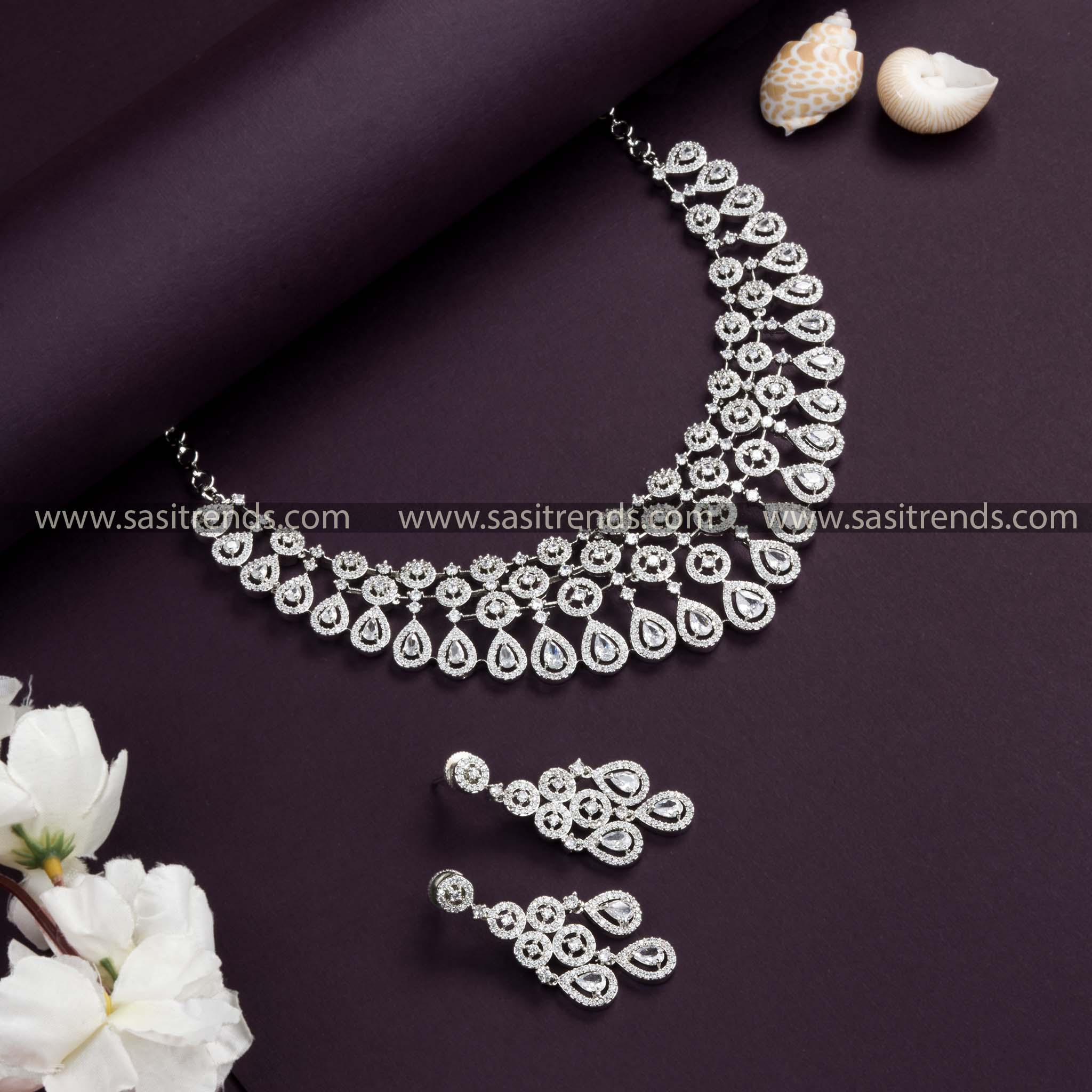 Timeless Rhodium Silver Plated Choker Necklace Set with Sparkling White American Diamond Stones