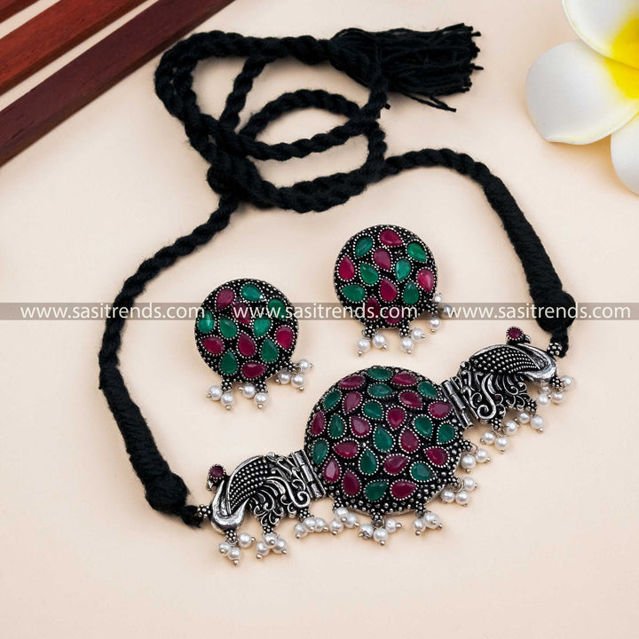 Trendy Peacock Oxidised Silver Choker Stones Necklace with Pearl Earrings Jewellery Set | Sasitrends