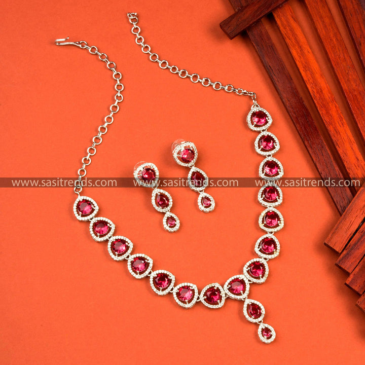 Luxurious Rhodium Silver Necklace Set with Red American Diamond Stones - Party Wear Collection