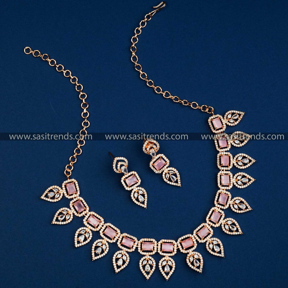 Charming Pink Stone AD Necklace Set with Leaf Motif - Rose Gold Plated, Perfect for a Soft and Elegant Look.