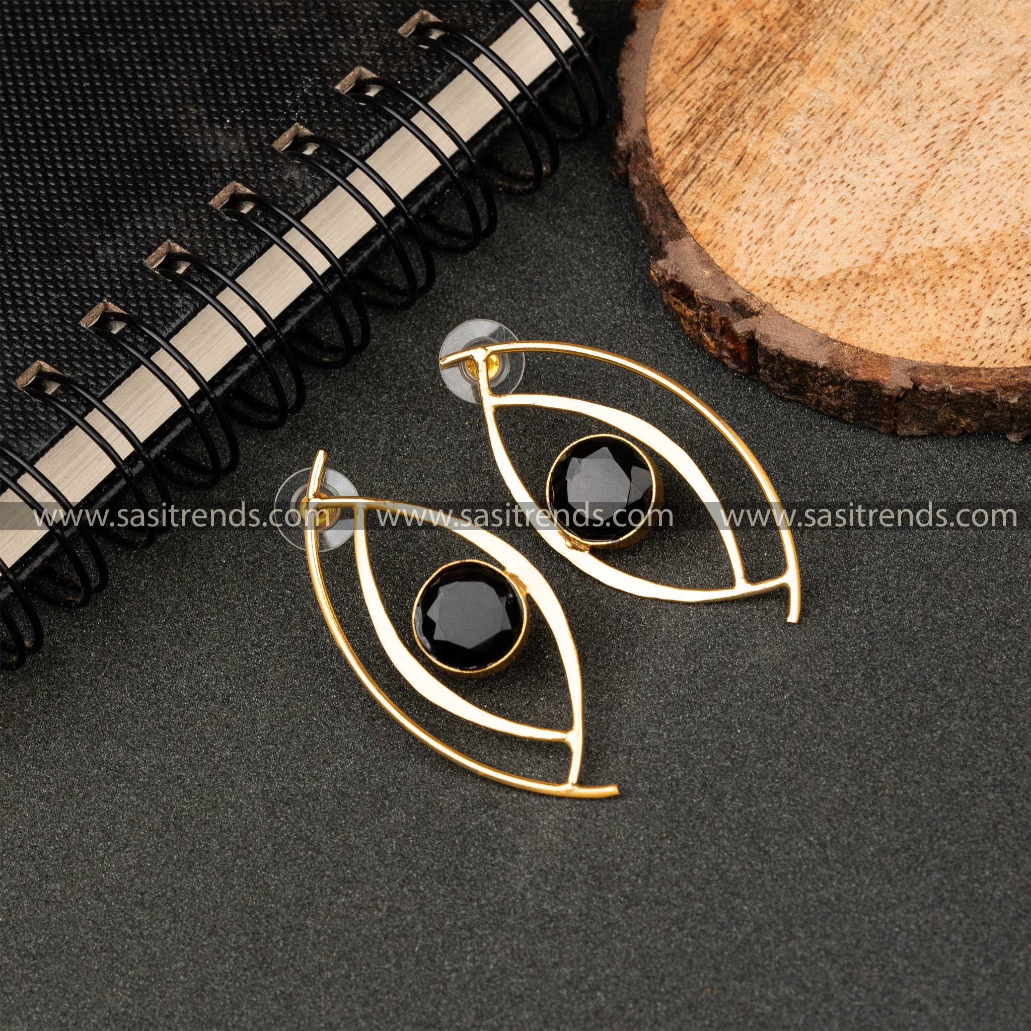 New Gold Plated Black Monalisa Stone Studded Push Back Eye Pattern Earrings