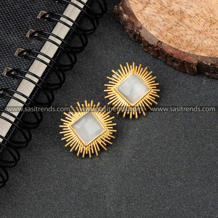 New Gold Plated Rectangle Monalisa Stone Push Back Earrings 