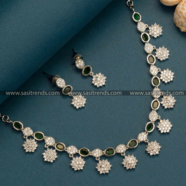 Chic Green Floral Necklace Set with American Diamond Stones - Rhodium Silver Plated Trendy Party Wear Jewelry 