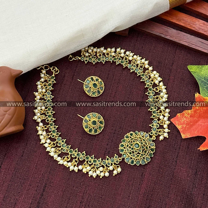 Stunning Choker Necklace with Full Green Color Stone - Temple Gold Plated American Diamond Jewelry