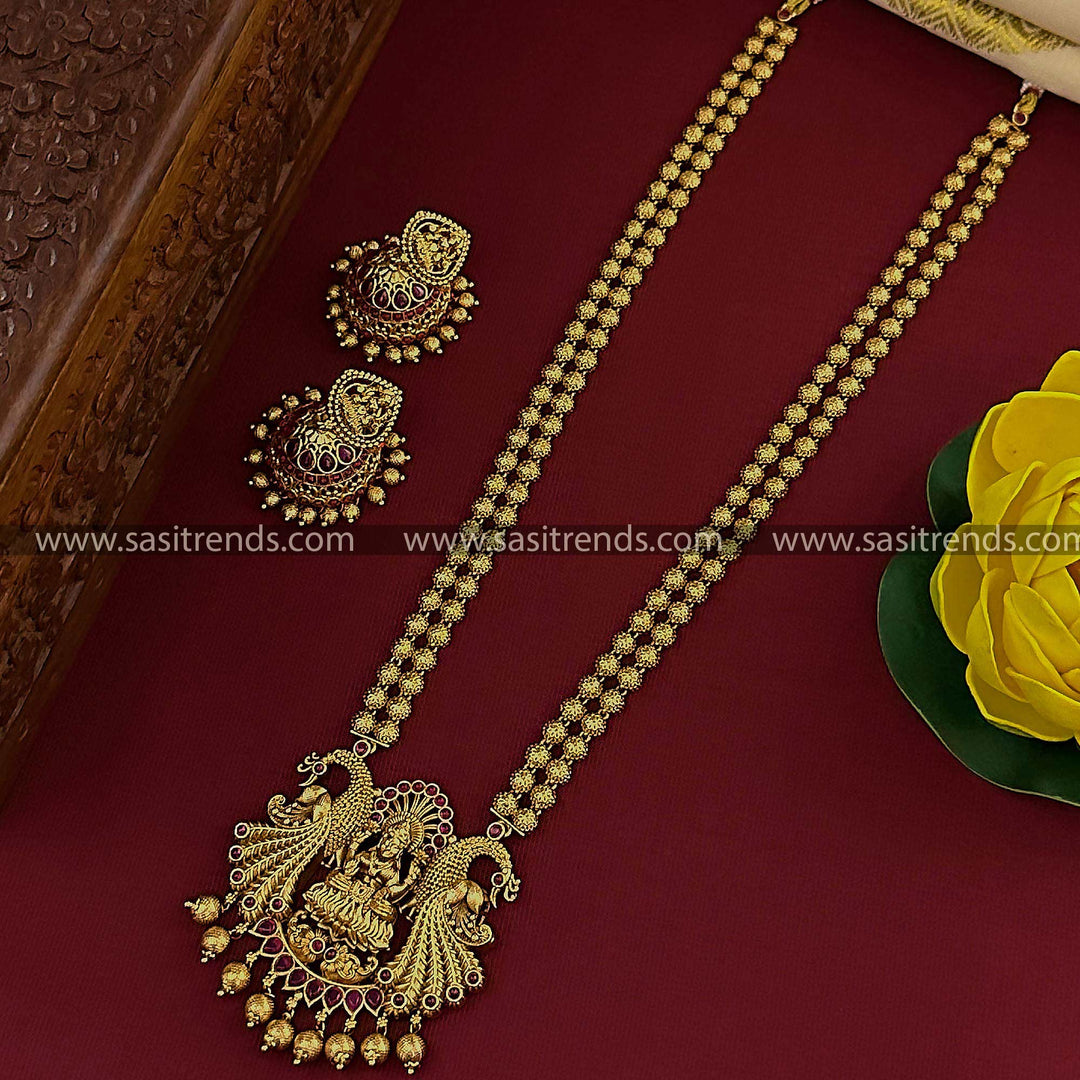 Temple Gold Plated Lakshmi Peacock Pendant Necklace Set Ruby AD stones 