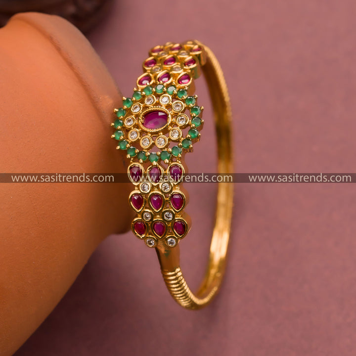 Stunning Matt Gold Plated Floral Bangles with Oval Stone Centerpiece