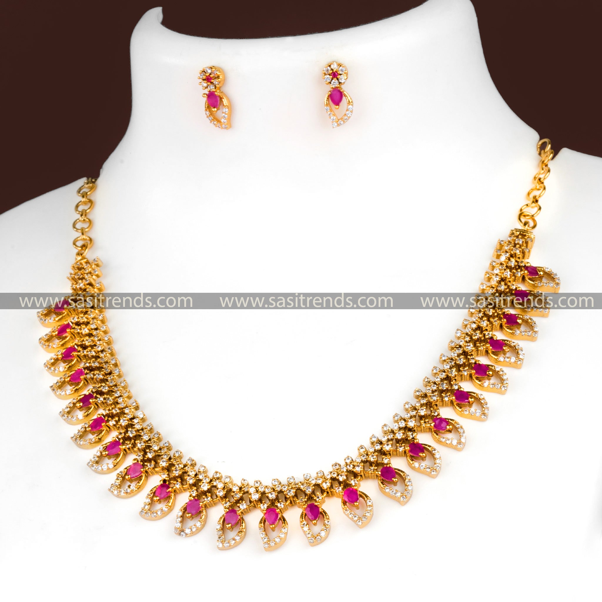 Trendy Gold Mango Leaf Necklace Set with Floral Earrings