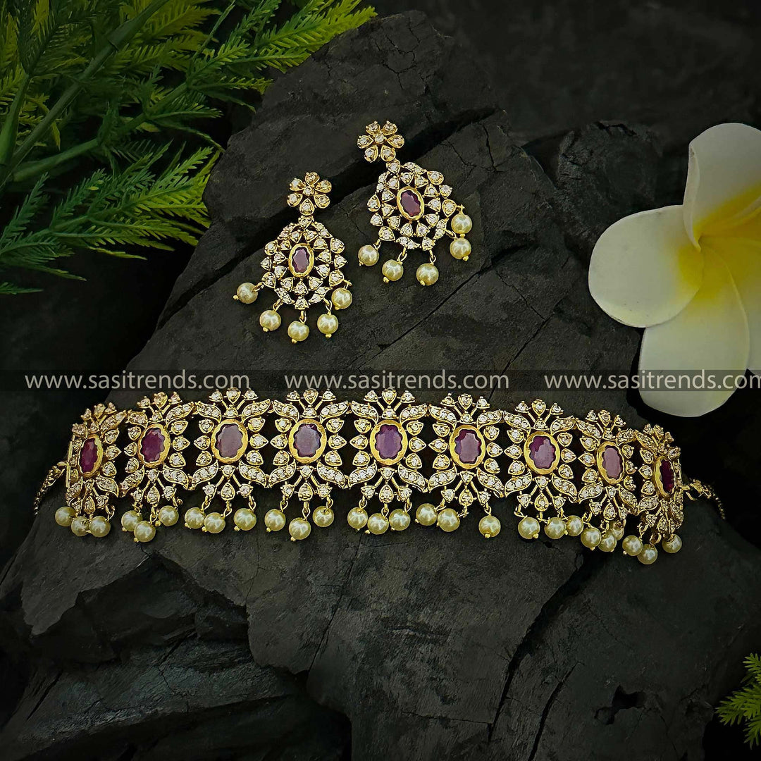 Temple Gold Finish Floral Choker Necklace Set with Pearls & Ruby American Diamond Stones