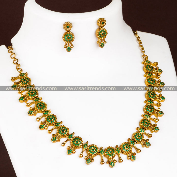 Stunning Matte Gold Plated Necklace Set with Green AD Stones for a Fresh Twist on Traditional Elegance