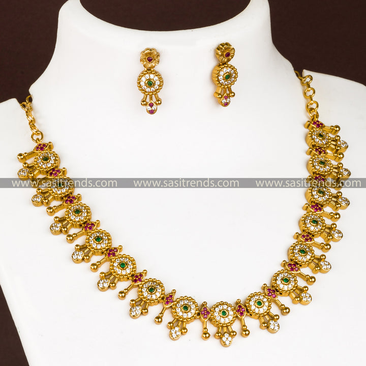 Vibrant Multi-Colored Matte Gold Necklace Set with AD Stones for a Playful and Trendy Ensemble