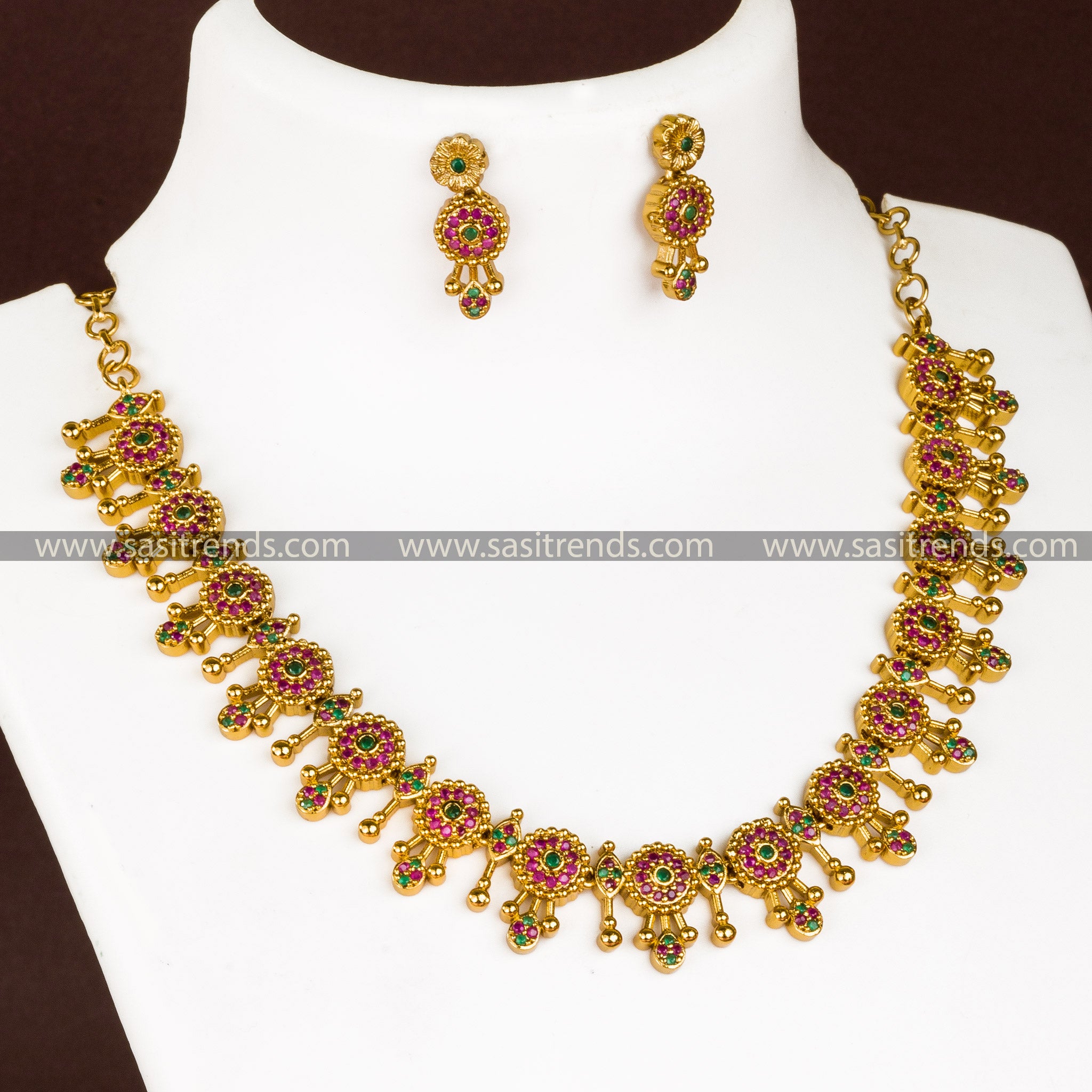 Dazzling Ruby-Green Matte Gold Necklace Set with AD Stones for a Fusion of Bold and Fresh Elements