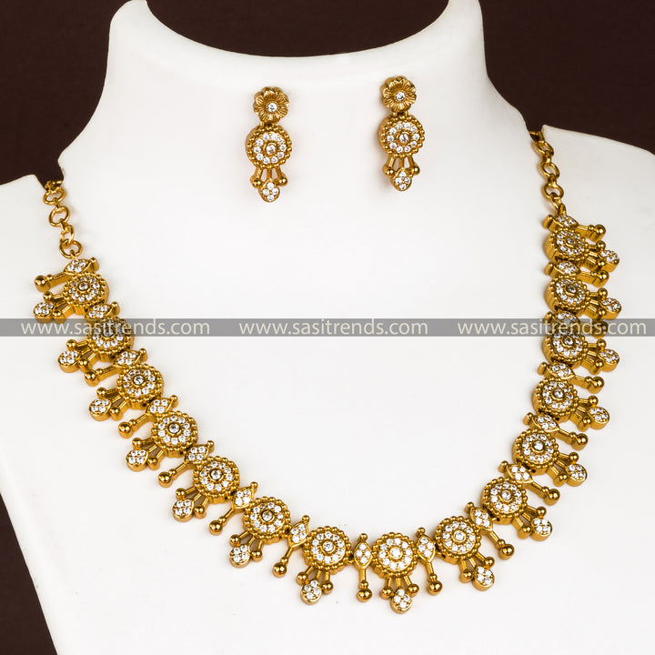 Elegant White AD Stones Accentuate this Matte Gold Necklace Set, Perfect for Classic Style Statements