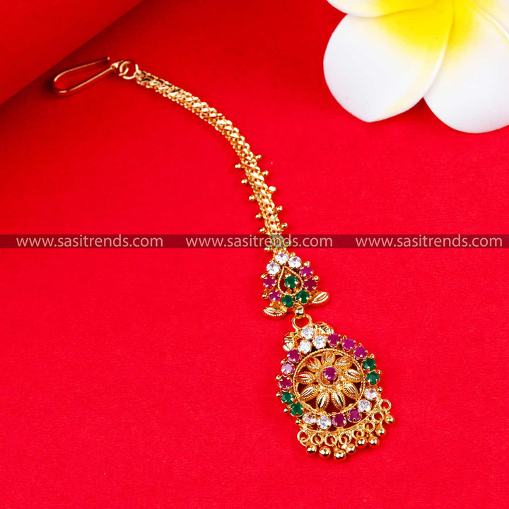 Charming Gold Plated Maang Tikka with Multi-Color Stones - Vibrant and Versatile Adornment