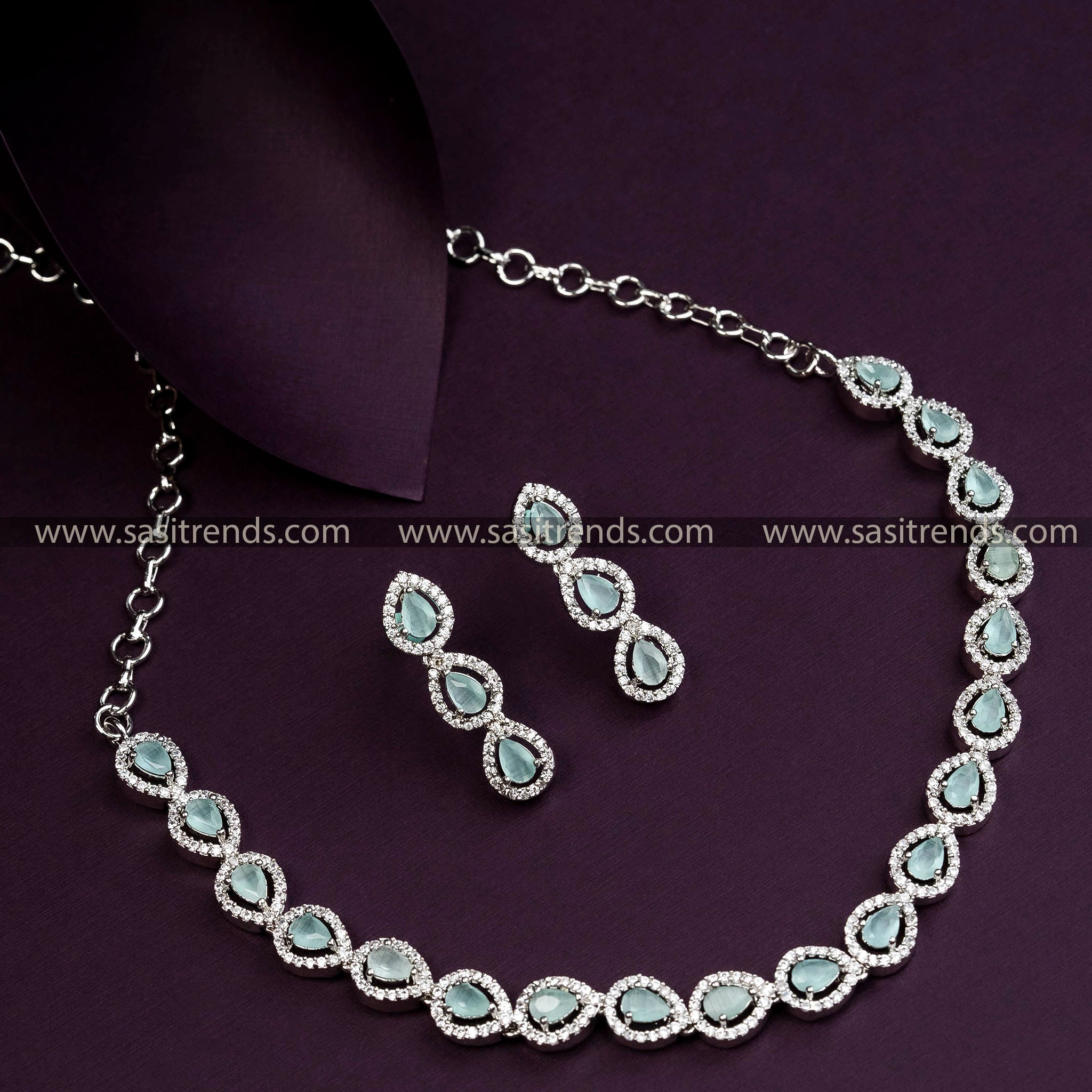 Add Elegance with Rhodium Silver Plated Necklace Featuring Mint Color Stones and AD Stones