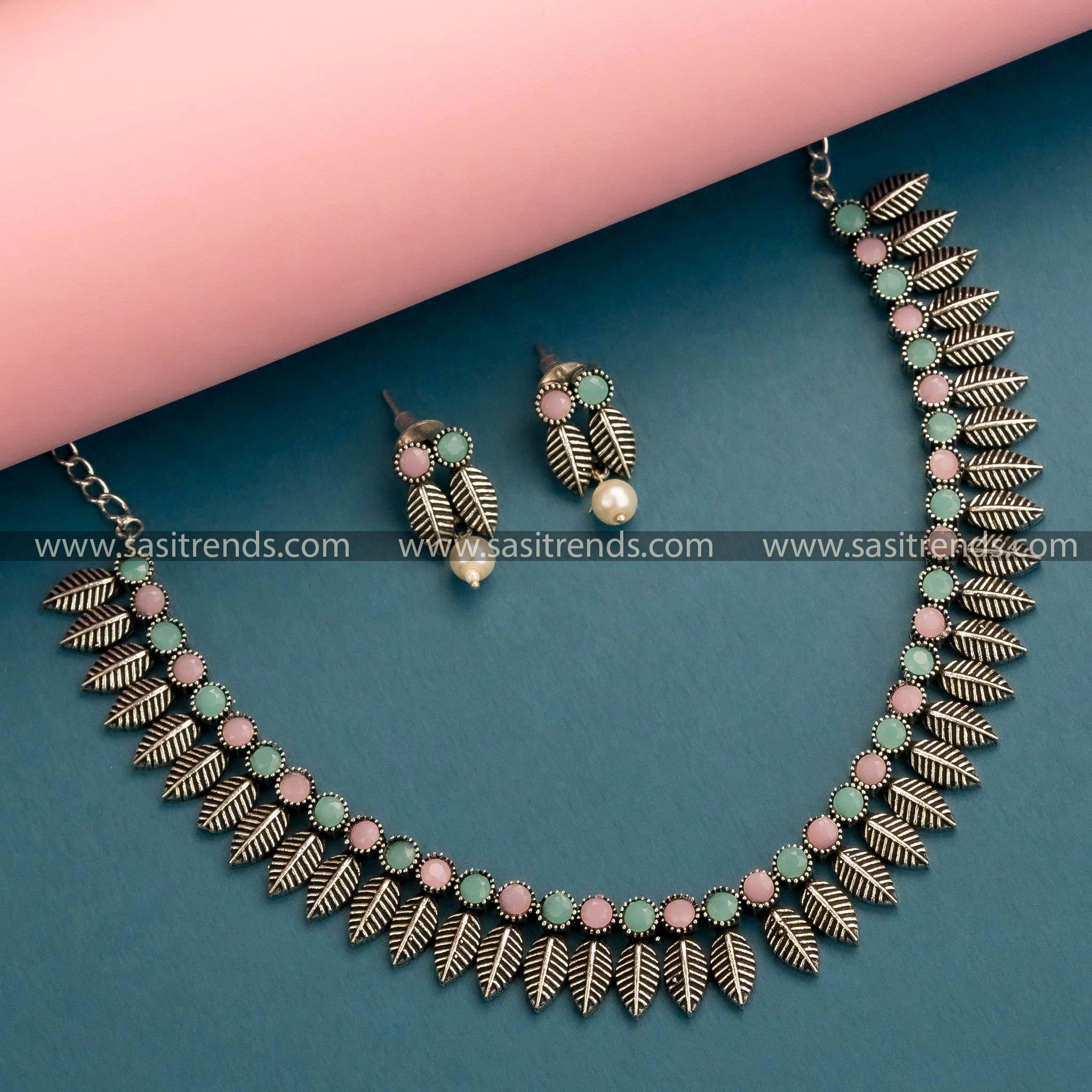 Graceful Oxidized German Silver Necklace with Mint and Pink Stones - Latest Necklace and Earring Set