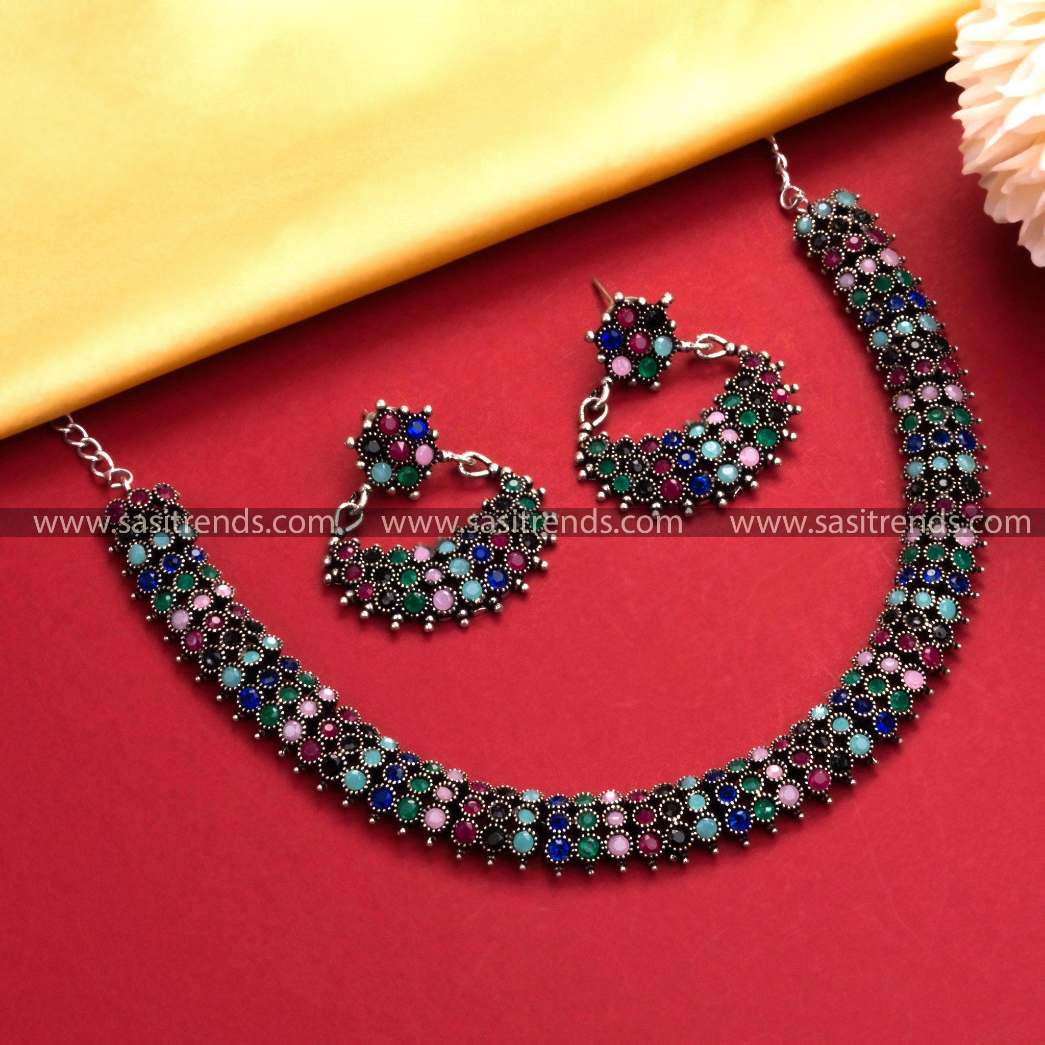 Trendy Multi-Color Stone Necklace Set - Oxidised German Silver Party Wear Collection