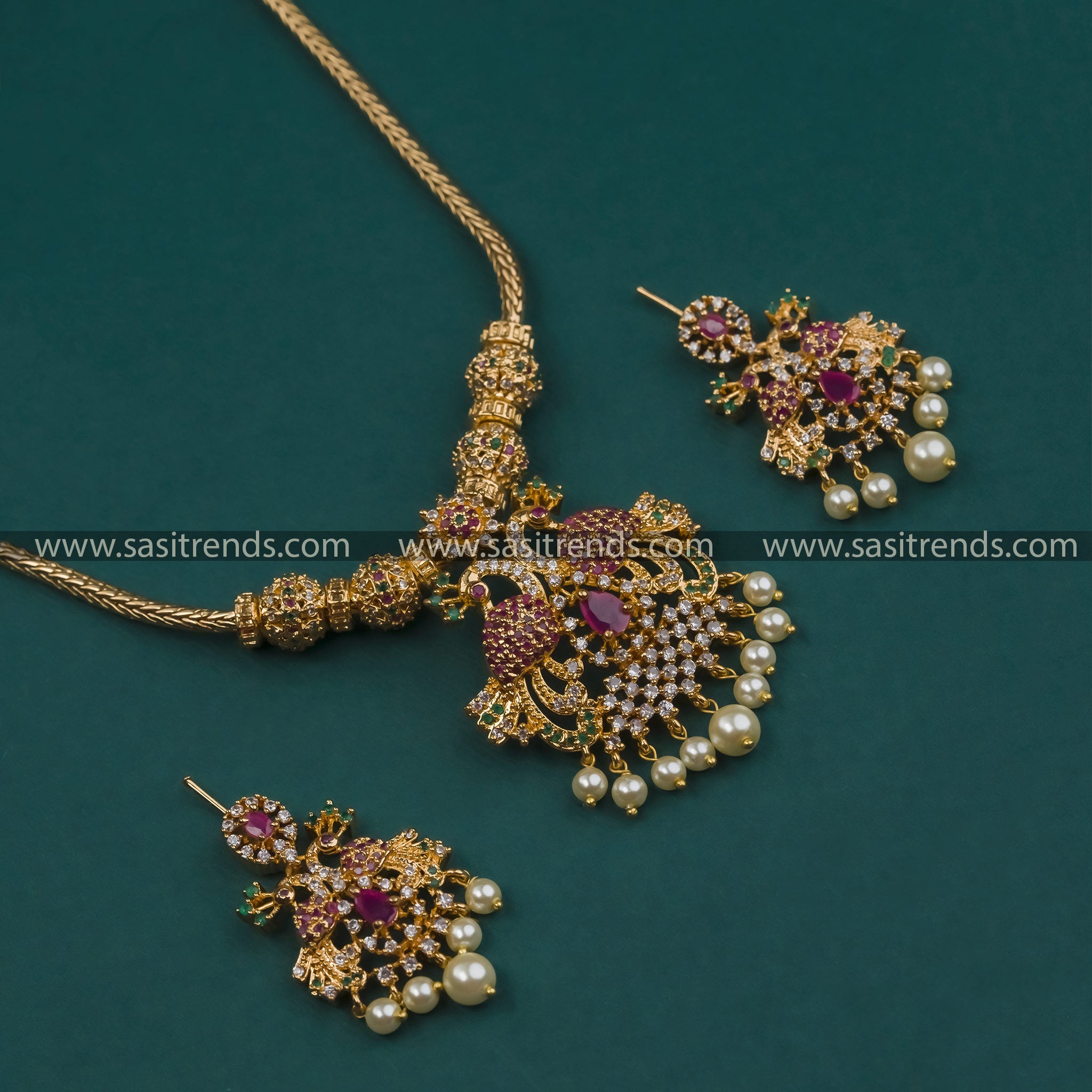 Micro Gold Plated Peacock Pendant Necklace Set with Earrings showcasing American Diamond Stones