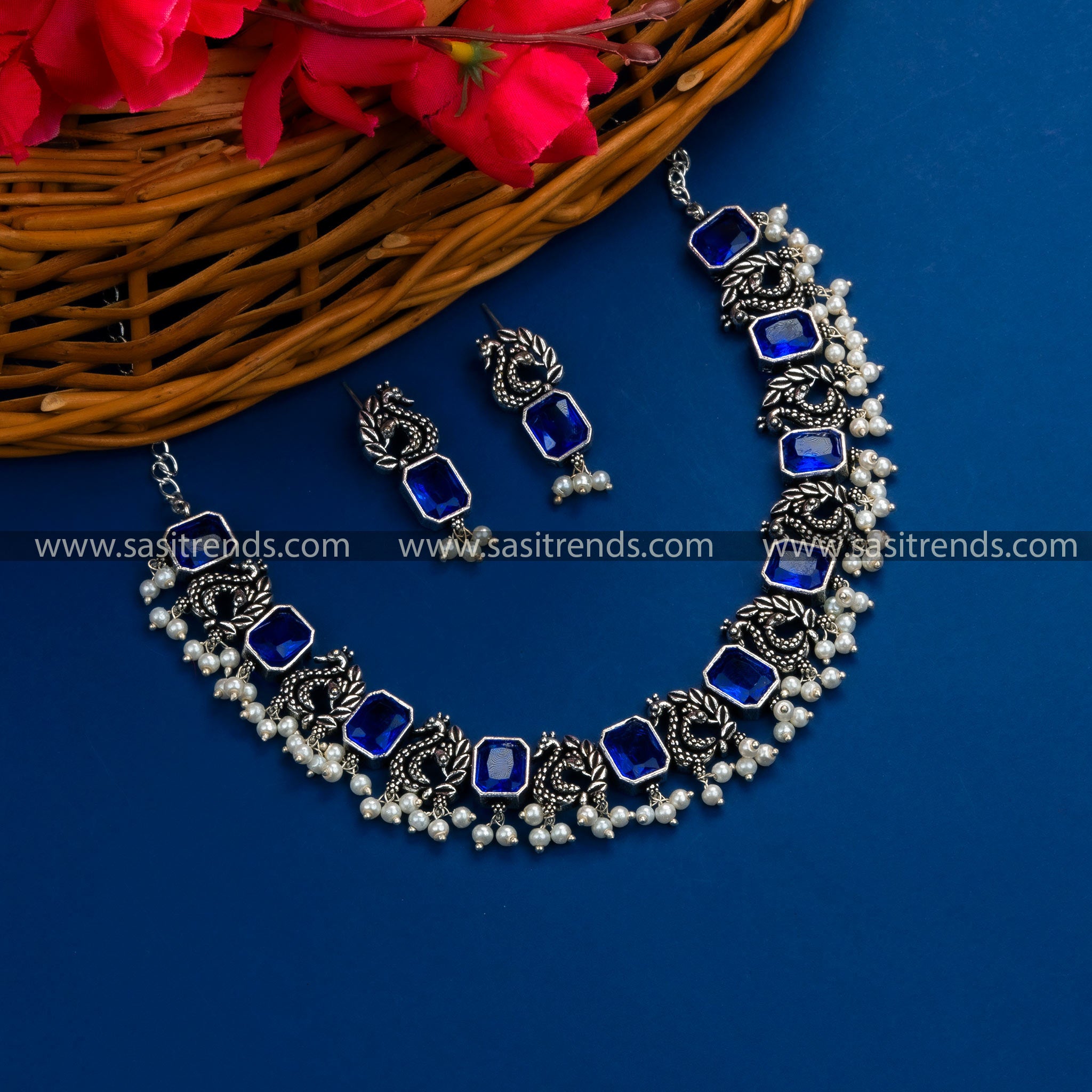 Blue-Colored Monalisa Stone German Silver Oxidised Necklace Set - Elegant Peacock Oxidised Silver Jewelry