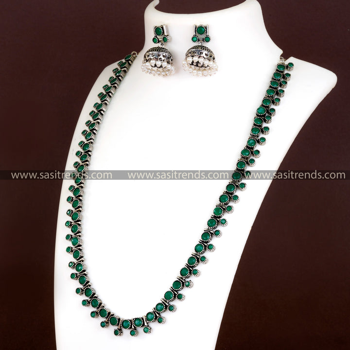 Elevate Your Look with Green Stone German Silver Necklace - Perfect for Traditional Occasions