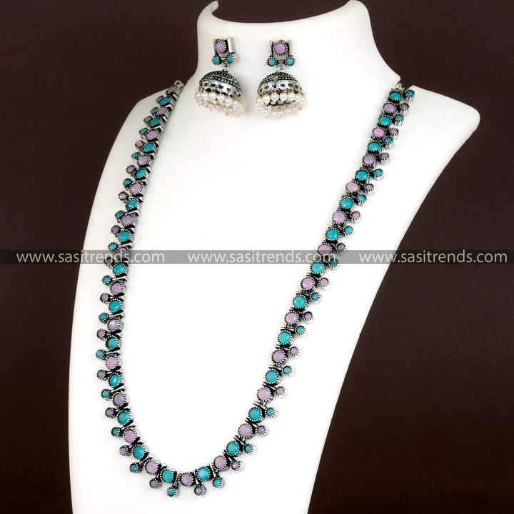 Trendy Oxidised Silver Stones Stud Necklace with Jhumkas and Pearls - Latest Jewellery Set