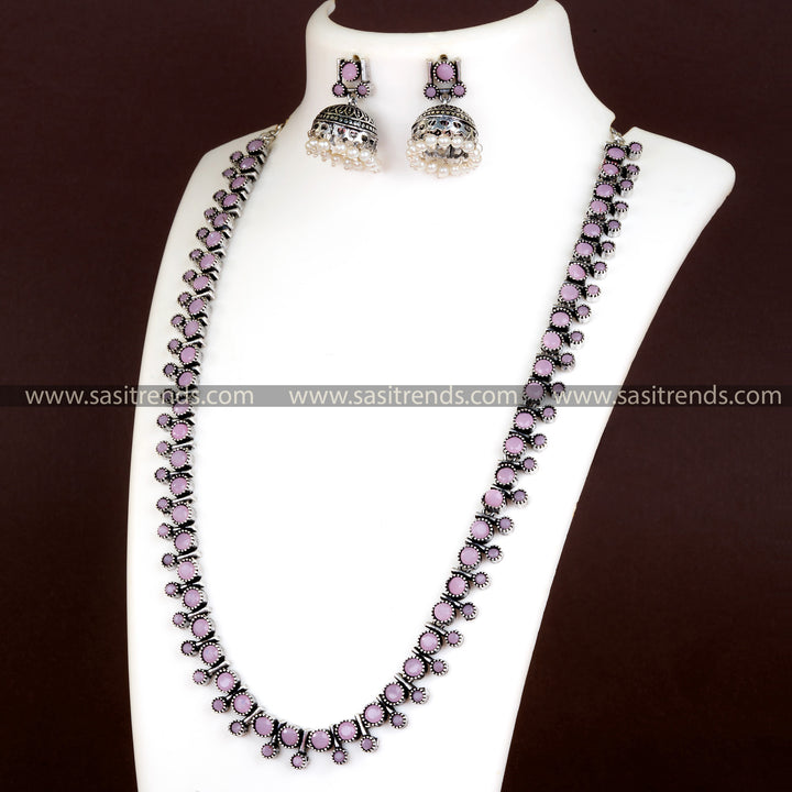 Embrace Elegance with Pink Stone Oxidized German Silver Necklace and Jhumkas - Perfect for Birthdays and Baby Showers