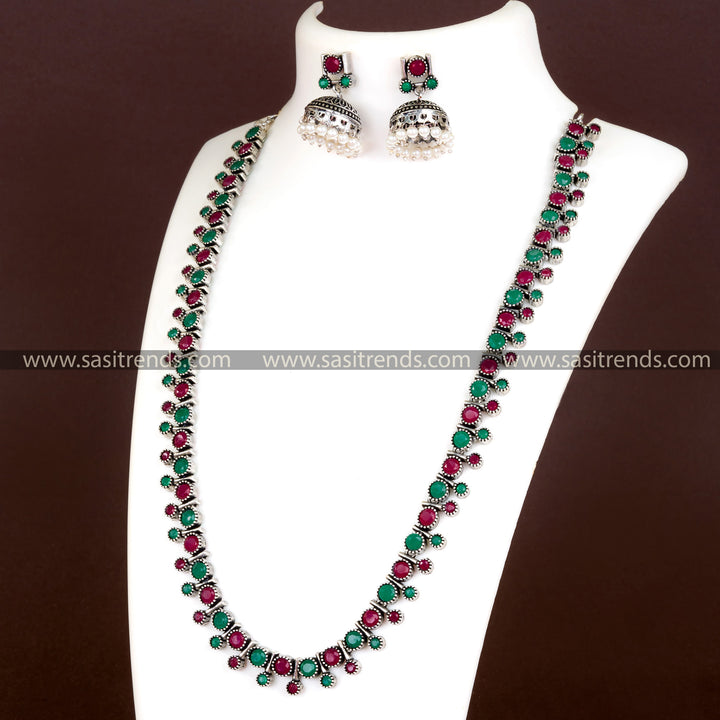 Ruby-Green Stone Oxidized Necklace - Floral Patterns, Trendy Fashion Online