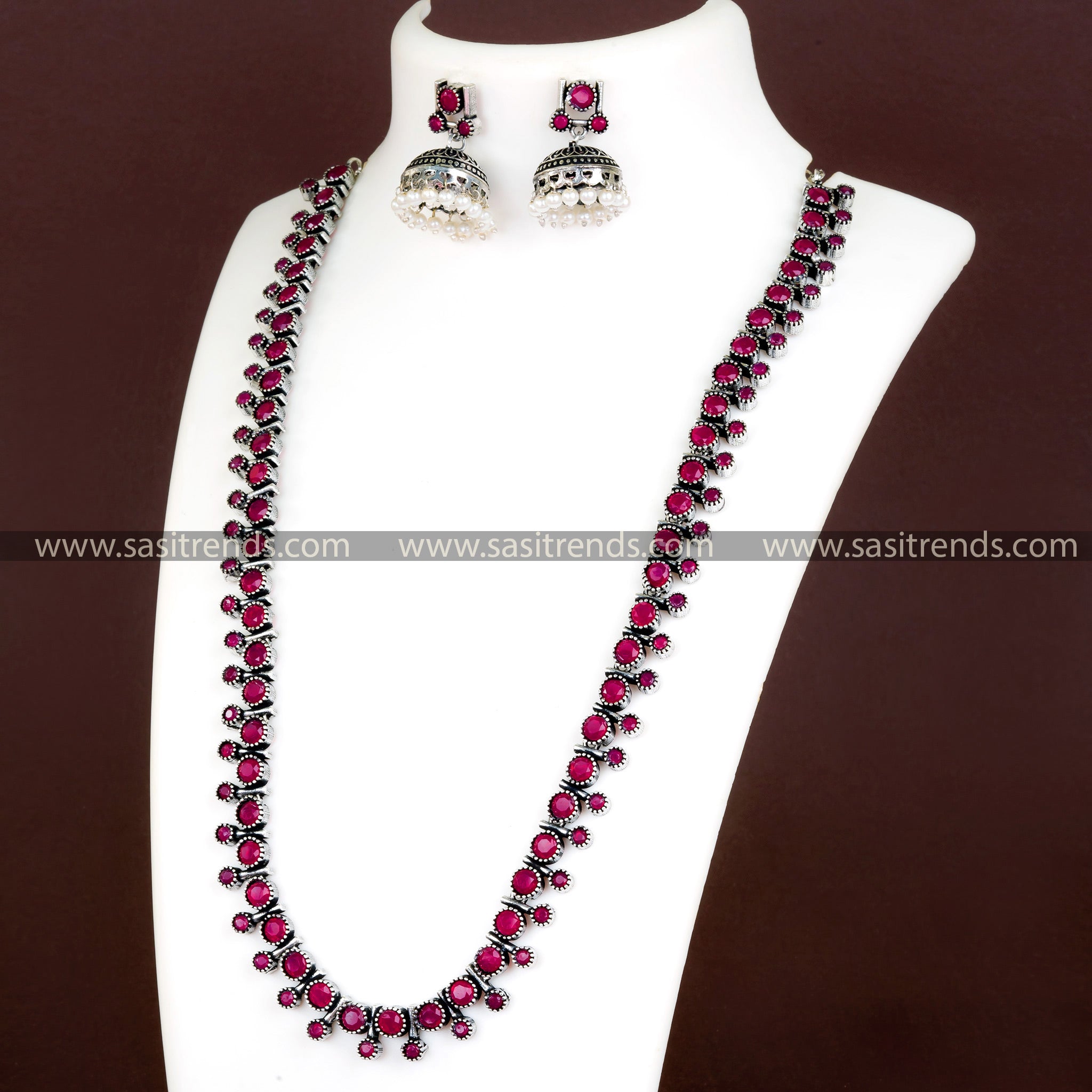 Striking Ruby Stone Oxidized Necklace with Jhumkas - Floral Patterns, Latest Collection Online