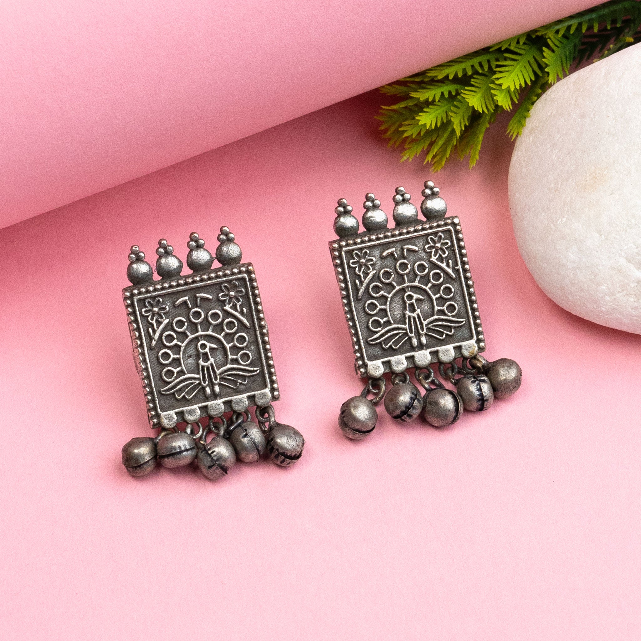 Chic Peacock Patch Square Earrings | Oxidised Silver Look Jewelry | Trendy Alloy Earrings | Wedding & Party Accessories