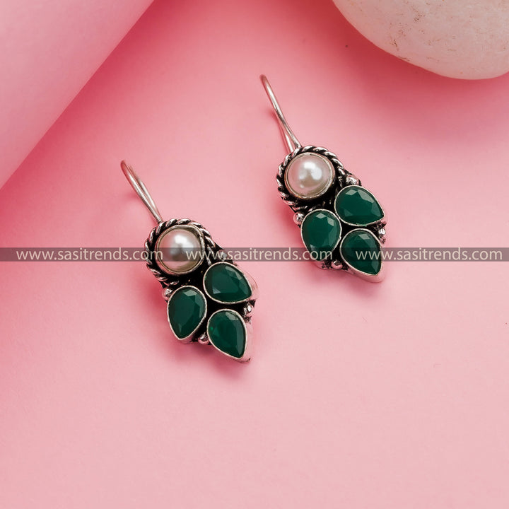 Stunning Office Wear Oxidized German Silver Hook Earrings in Green - Trendy Collections with Pearl and AD Stone Drops for Women